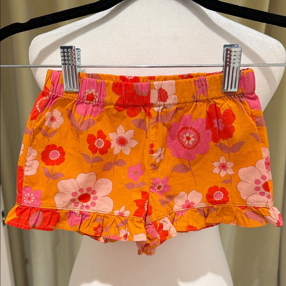 Maison Me - Girls Floral Ruffle Hem Shorts - Pink & Orange - Size: 4Y
